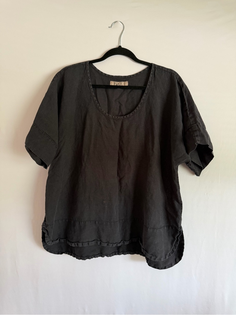 Flax Black Linen Short Sleeve Scoop Neck Oversized Women’s Shirt Size L